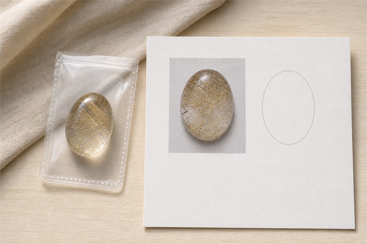 Rutilated quartz cabochon in a sealed specimen pouch beside a blank report card with its flat printed photograph