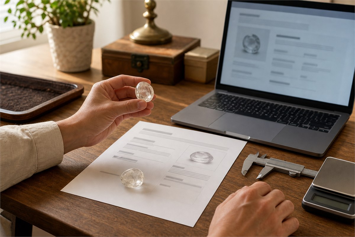 Loose quartz item measured beside an unbranded gem report and independent online verification screen