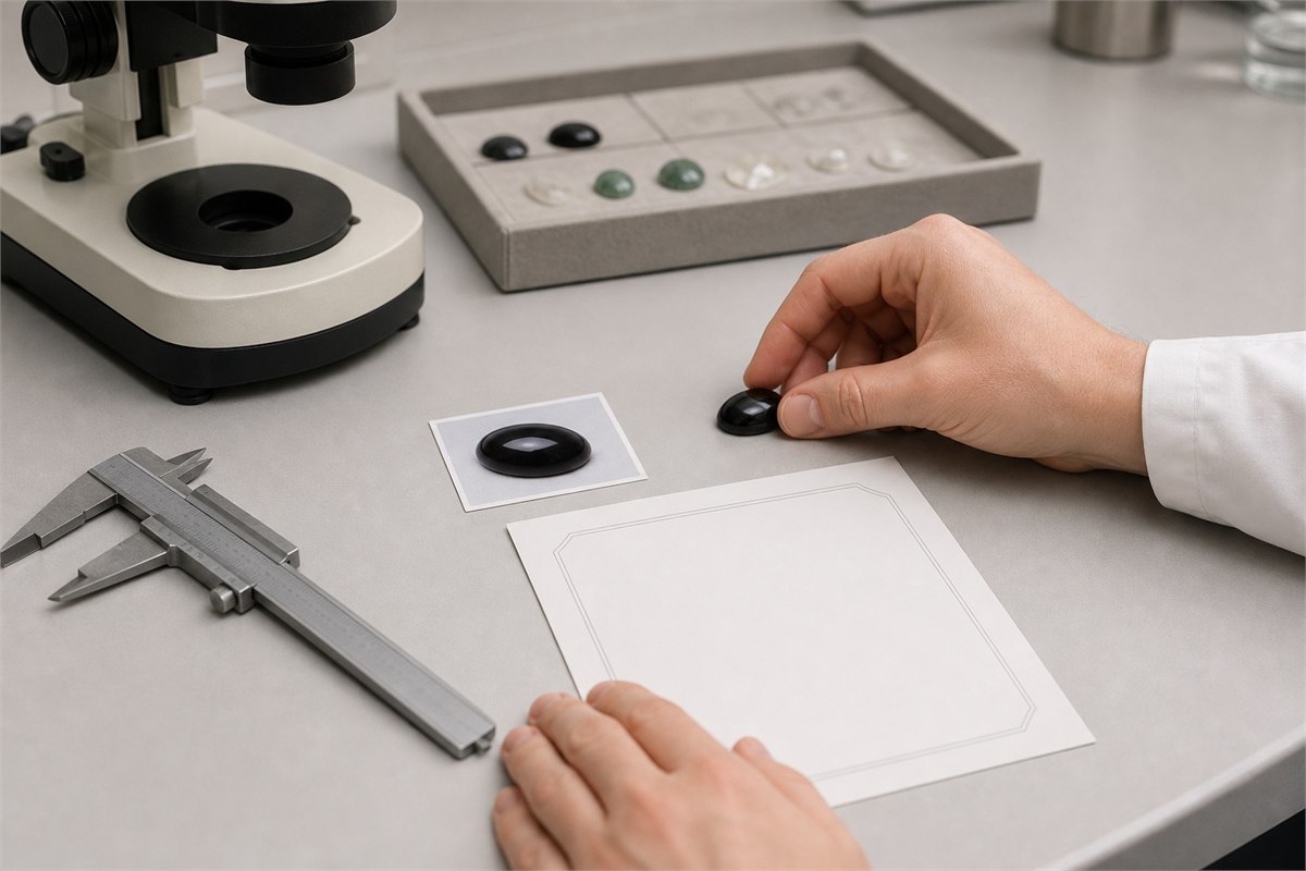 Gemologist matching a black chalcedony sample to its photograph and measurements at a laboratory bench
