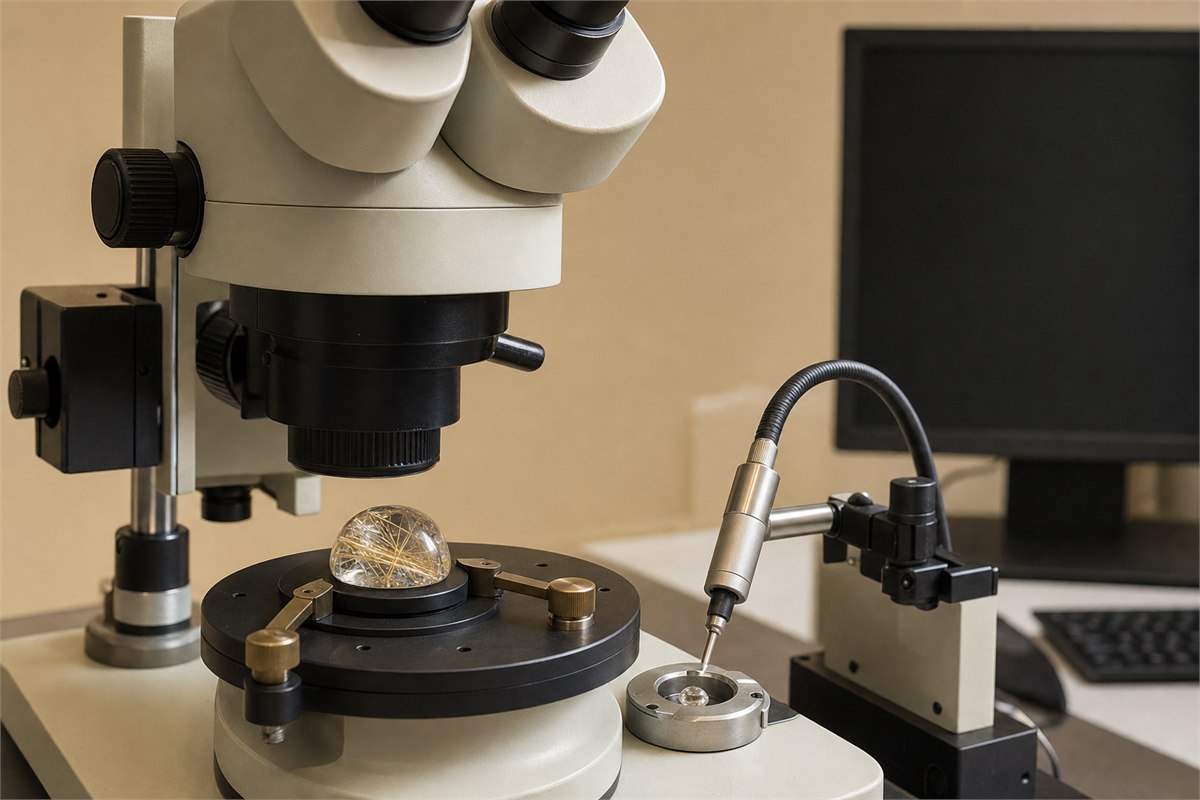Rutilated quartz samples positioned under a binocular microscope and an unbranded Raman probe on a gem laboratory bench