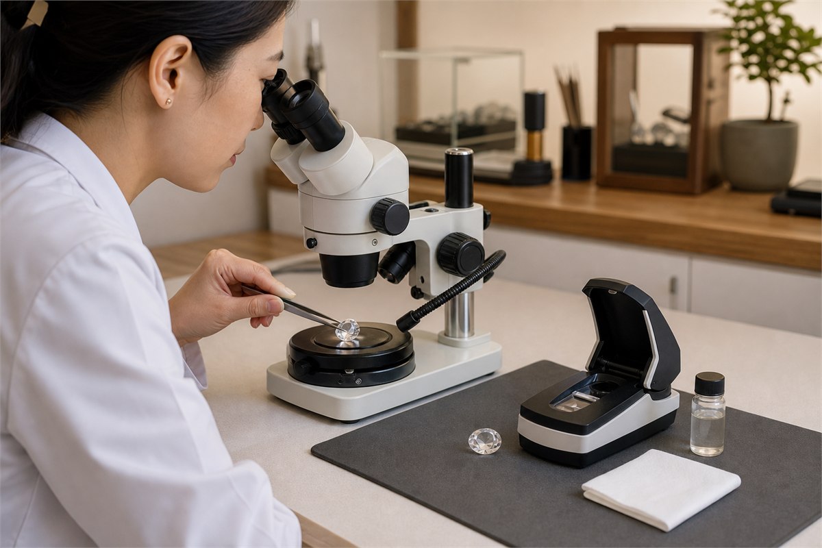 Qualified gemologist examining a quartz sample with a gemological microscope and refractometer