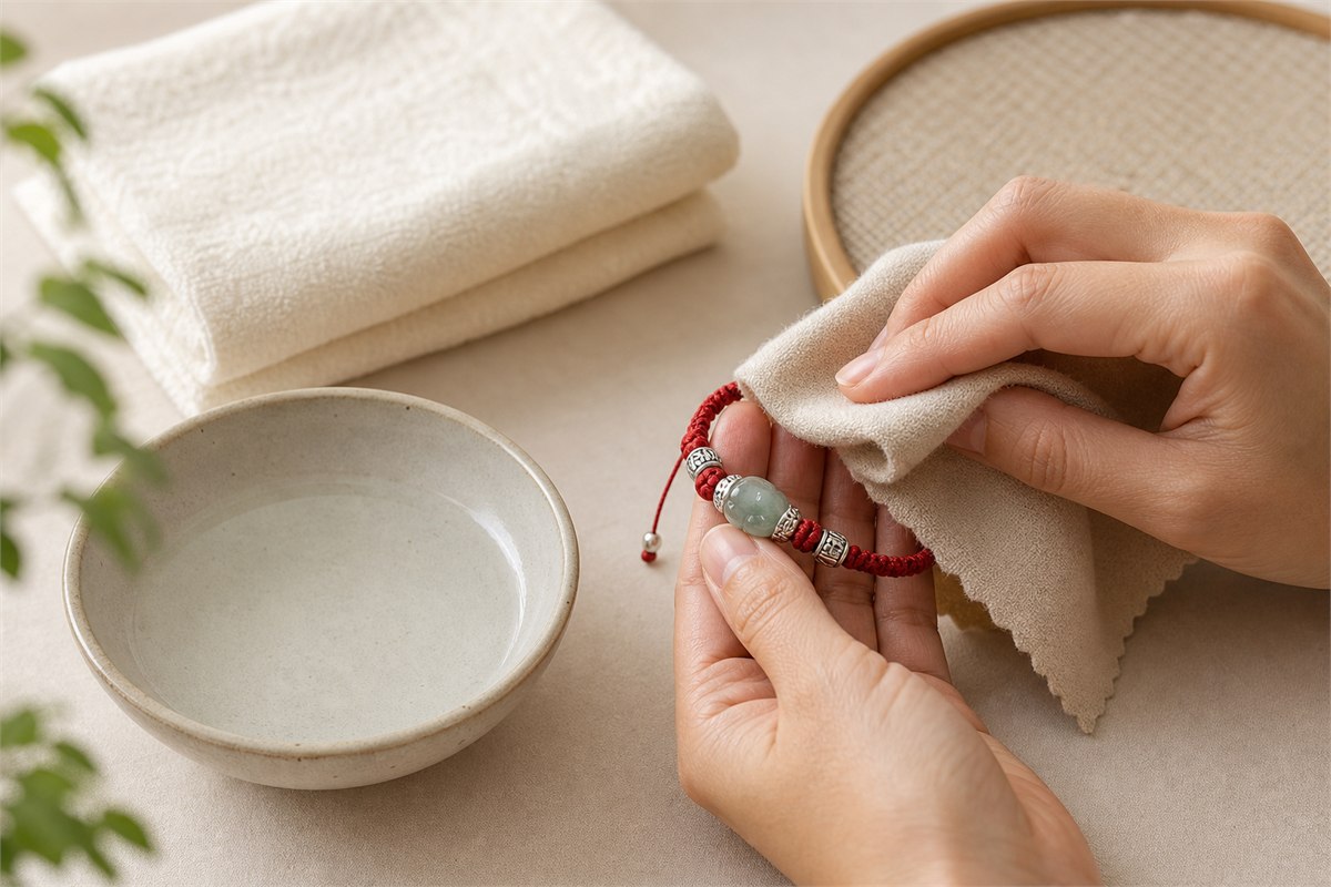 Adult hand wiping a red cord, jade, and silver bracelet with a soft cloth beside a shallow bowl