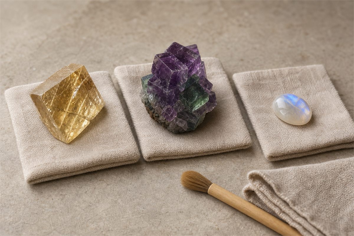 Honey calcite, purple-green fluorite, and moonstone cabochon on separate linen pads with a soft brush and dry cloth