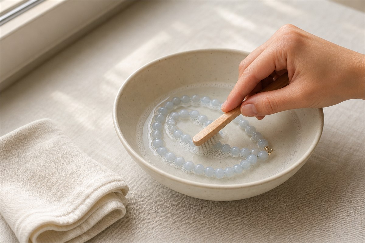 Hand cleaning pale blue chalcedony beads in mild soapy water with a soft brush