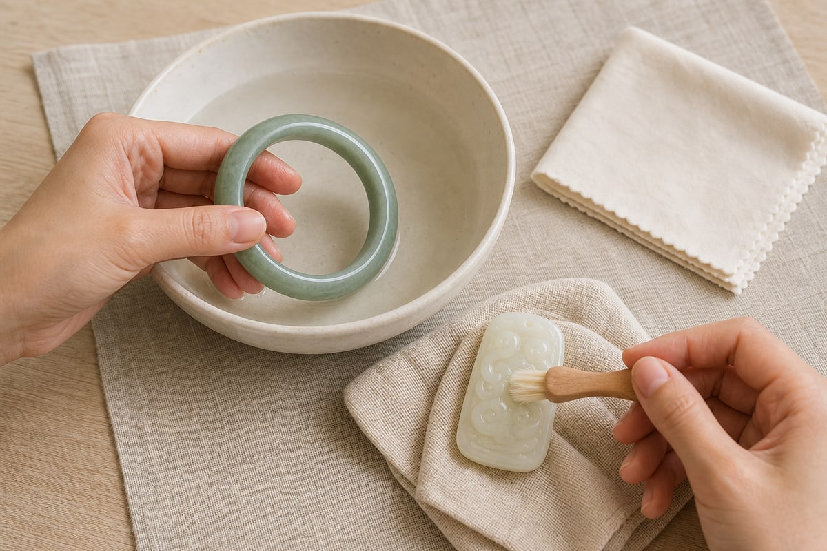 Hands holding a jadeite bangle over clean water and brushing a carved nephrite pendant with a very soft brush
