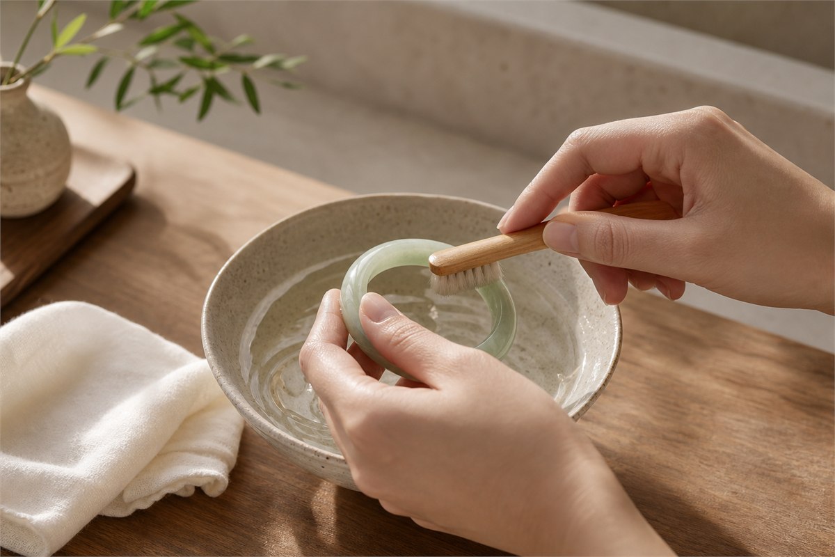 Two hands clean a pale jade bangle with warm water, a soft brush, and cloth.