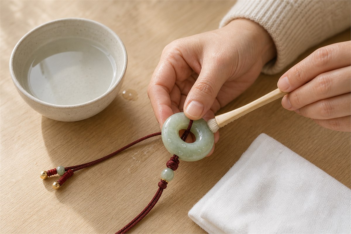 Hands cleaning a jadeite bangle with lukewarm water, a soft brush, and a soft cloth