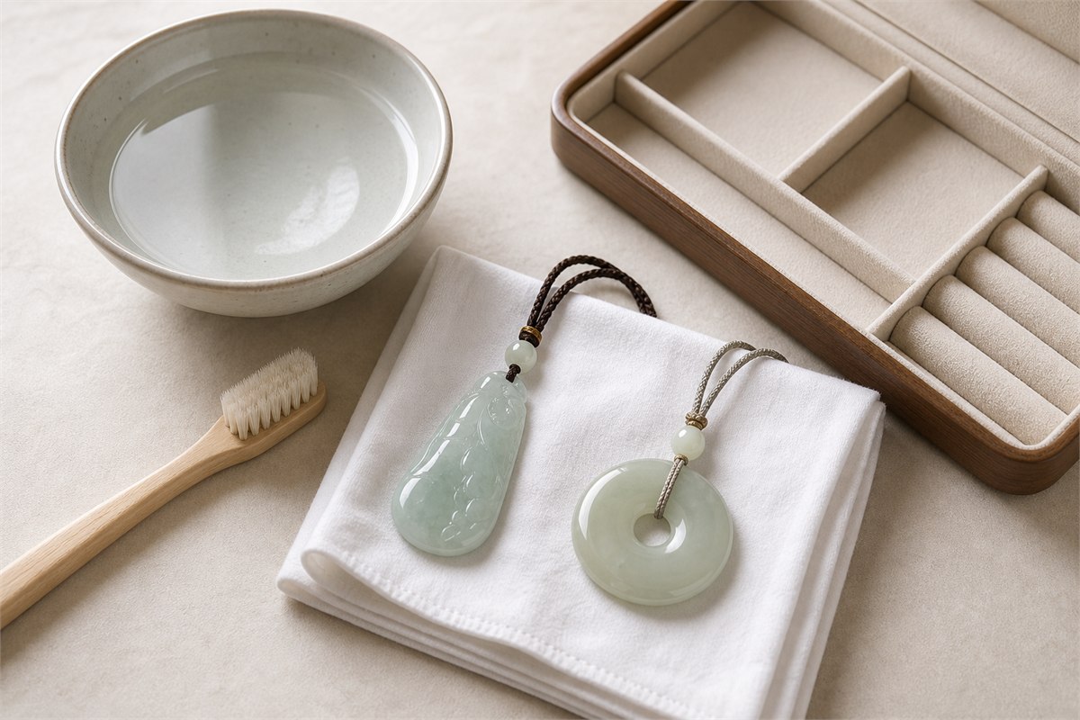 Jadeite and nephrite pendants on a soft cloth beside clear water, a soft brush, and padded storage