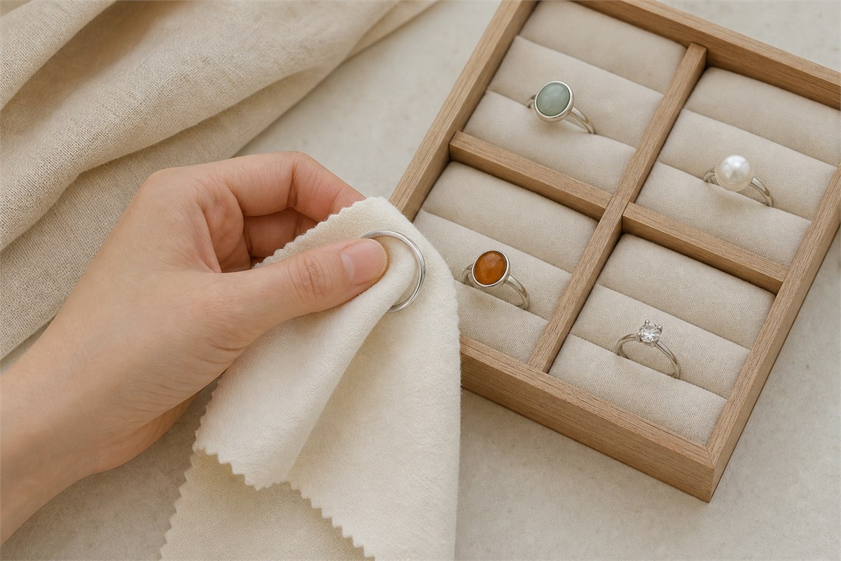 A hand wiping a silver ring beside separately stored jade, pearl, amber, and clear crystal rings