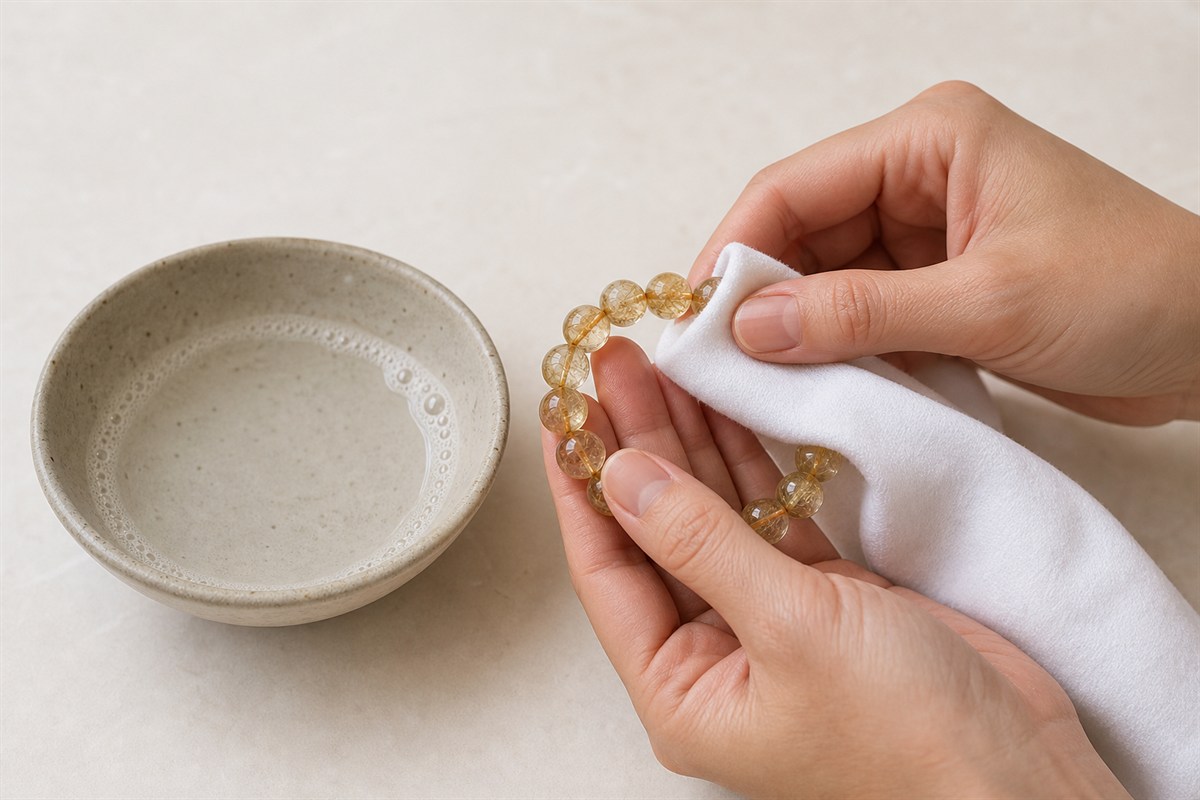 Hands gently cleaning a rutilated quartz bracelet with mild soapy water and a soft cloth