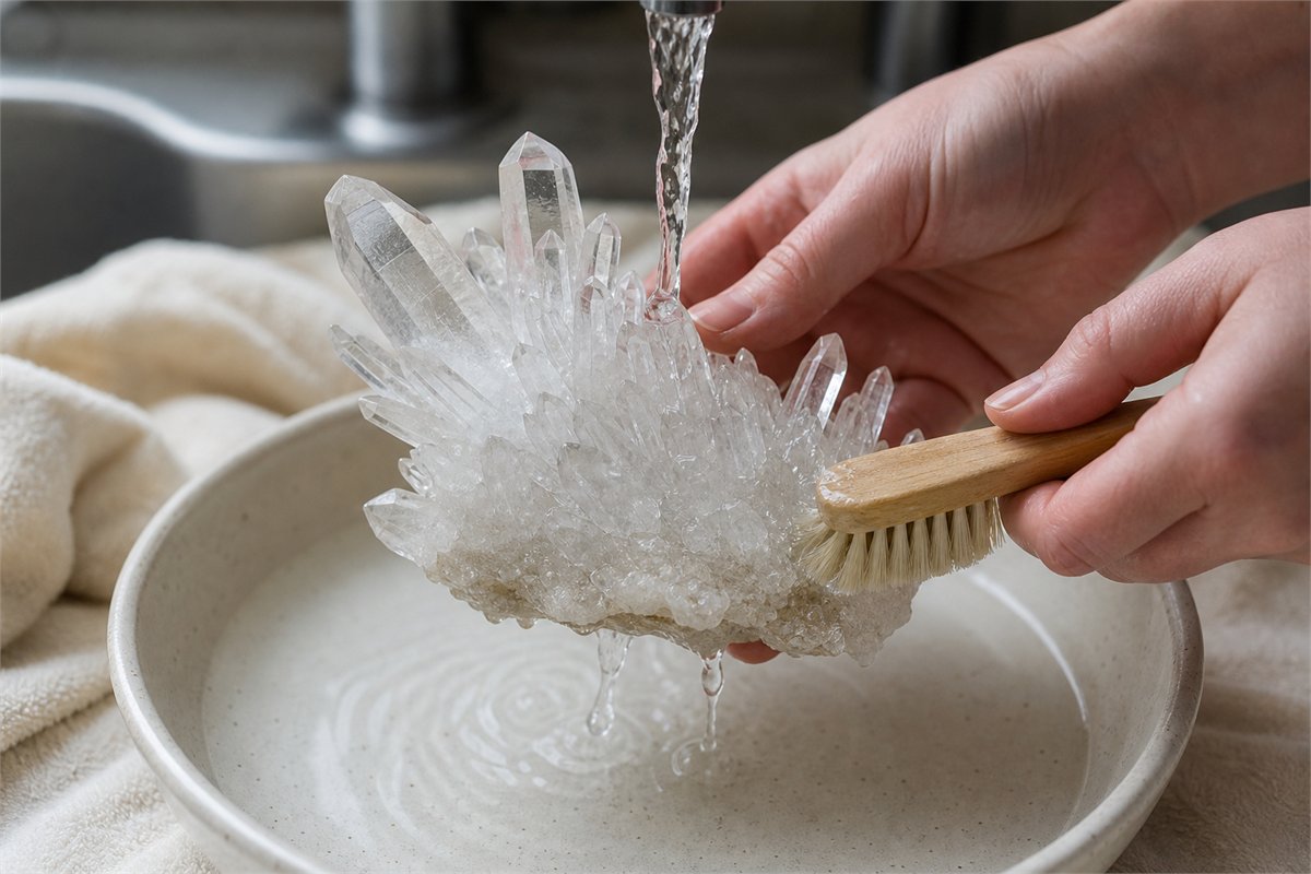 Stable untreated quartz cluster supported by its base during a brief gentle water rinse and soft brushing