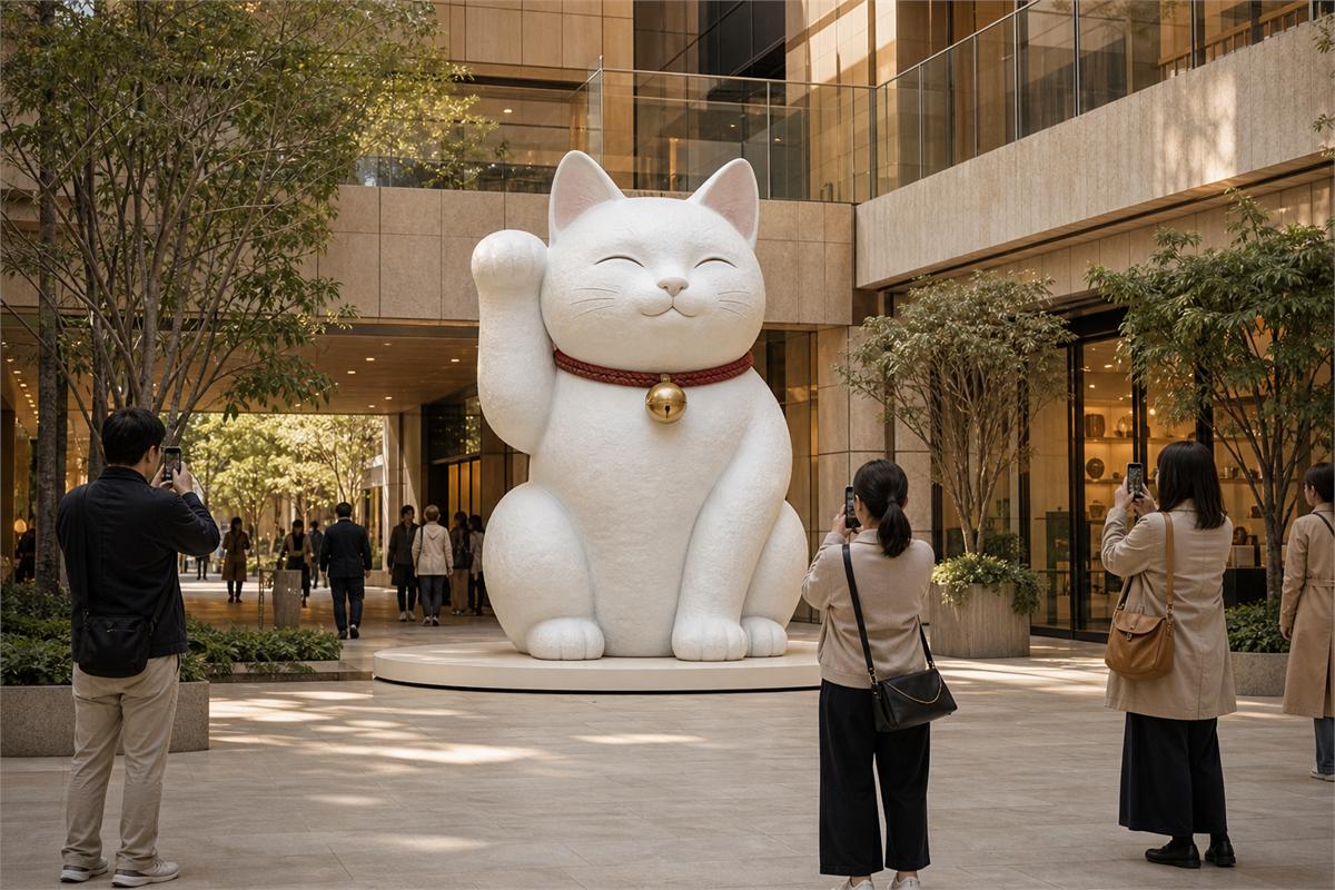 Large white fiberglass lucky cat installation in a modern shopping atrium with visitors taking photographs