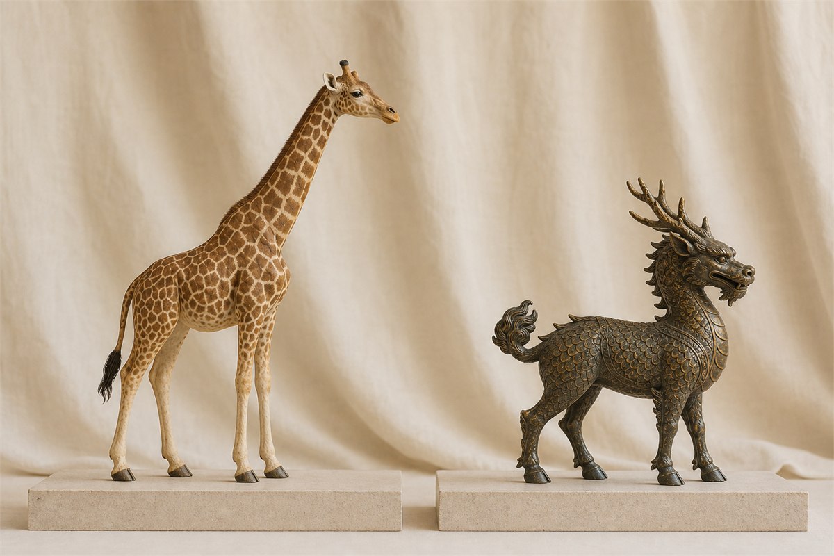 Anatomically accurate giraffe model and separate bronze Qilin sculpture on two neutral plinths