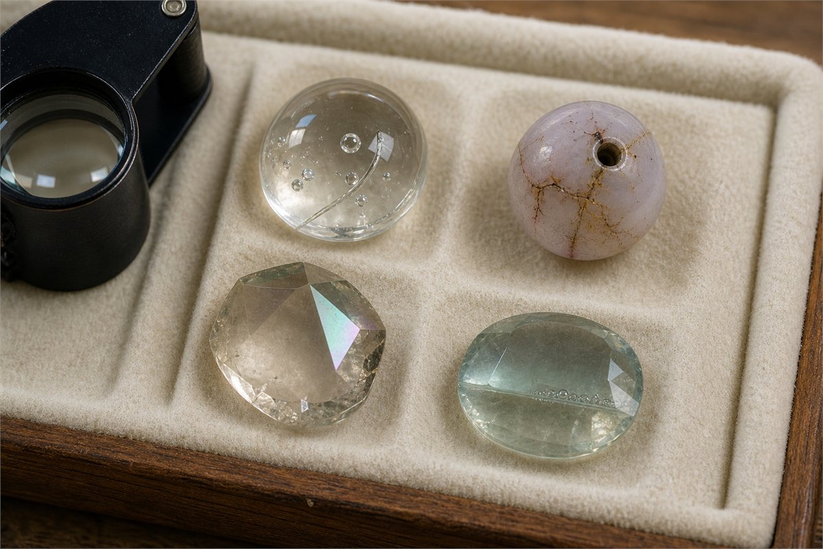 Macro comparison of rounded glass bubbles, dye concentrated in fractures, worn surface coating, and a flat joined layer