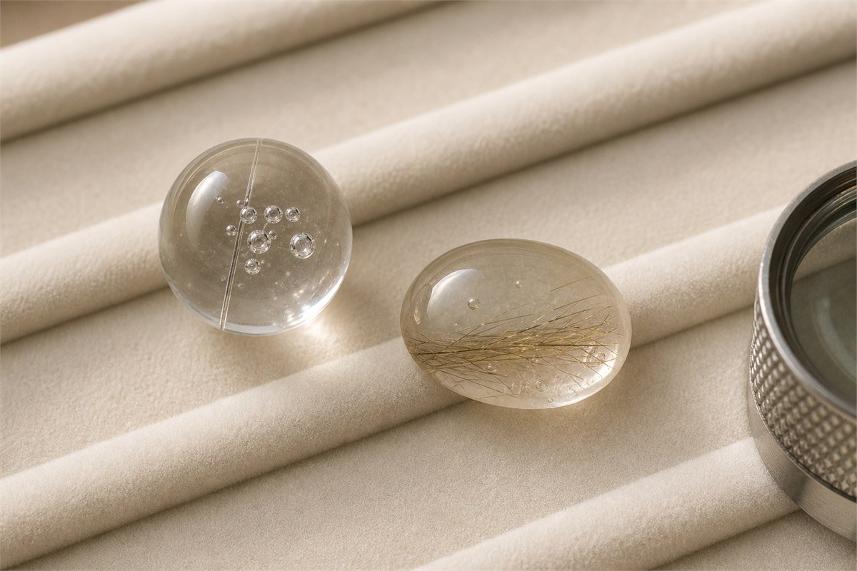 Glass bead and resin cabochon under magnification showing flow lines, clustered bubbles, and planar metallic fibers