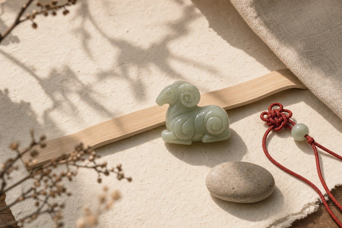 Pale Goat-Sheep zodiac figure with branch shadows, smooth stone, red cord, and handmade paper
