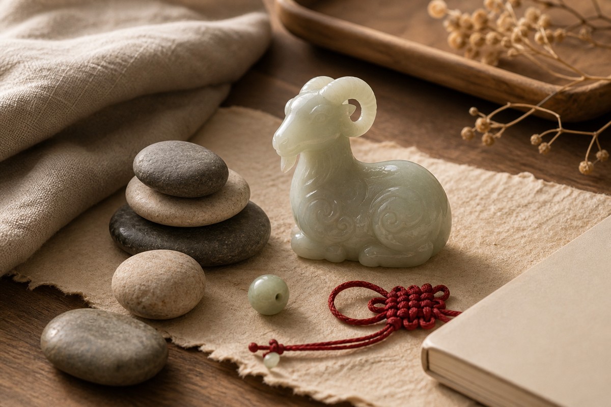 Goat-Sheep zodiac figure beside balanced stones, red cord, jade bead, and warm linen