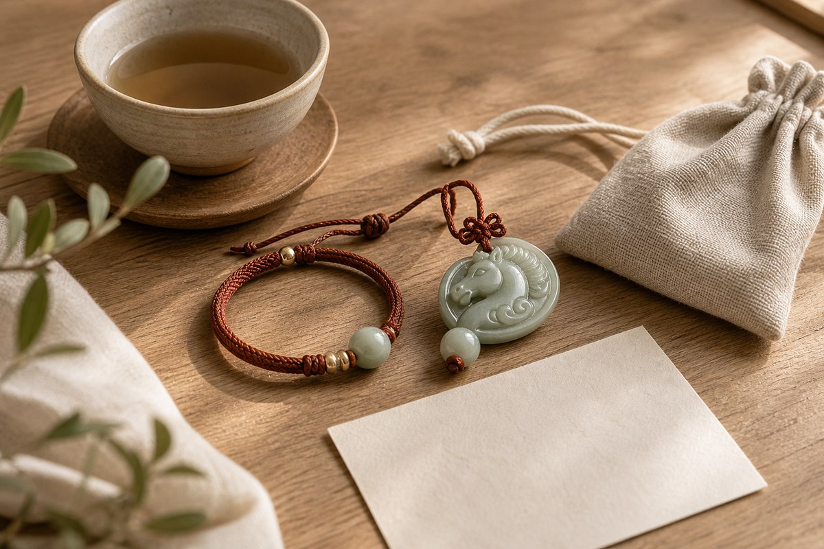 Goat-Sheep keepsake beside a blank note card, red cord bracelet, jade bead, pouch, and tea cup