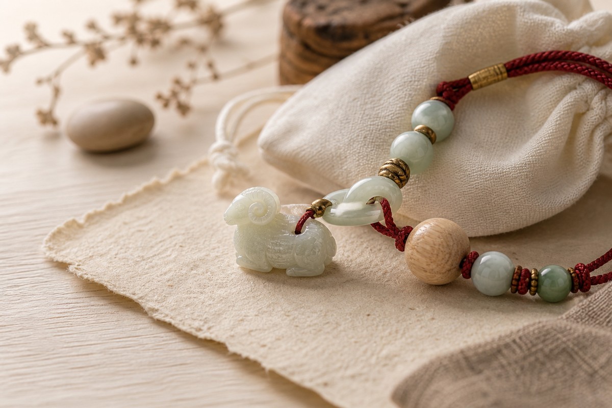 Close view of a Goat-Sheep charm with jade beads, pale wood bead, red cord, and warm linen