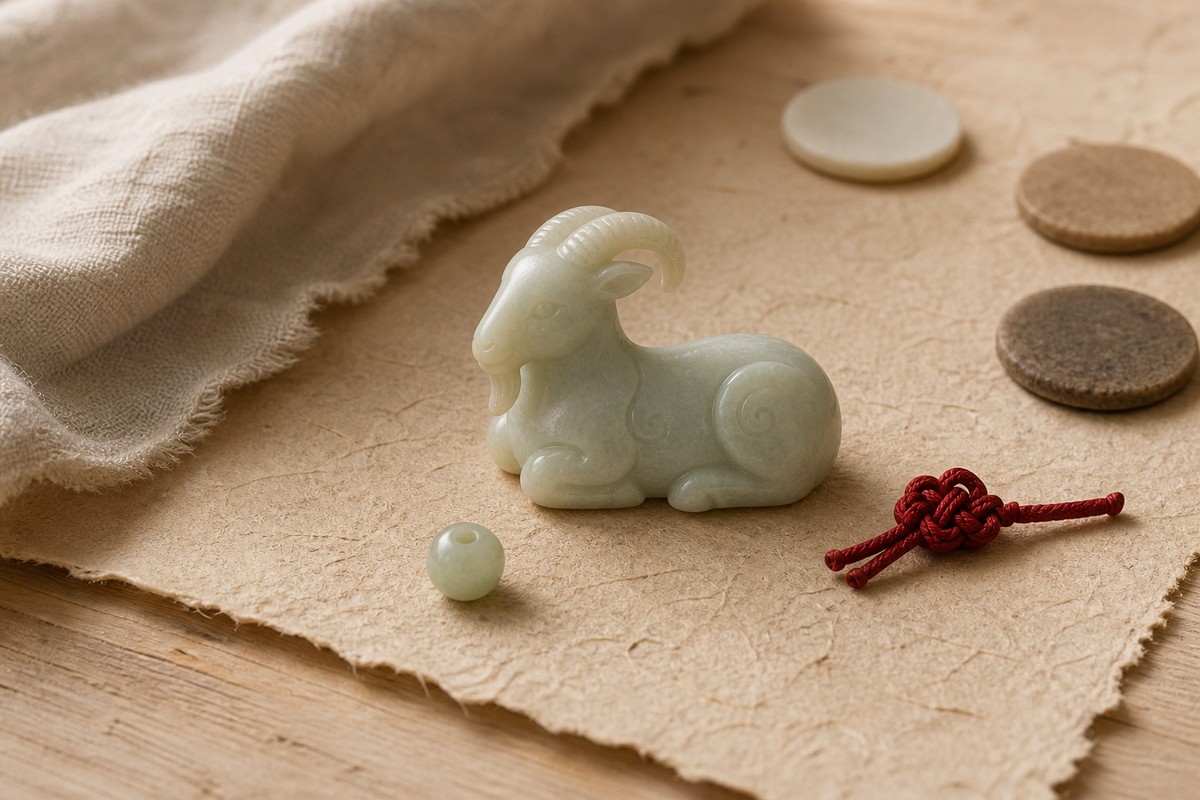 Small jade Goat-Sheep zodiac figure with red cord, jade bead, and warm handmade paper
