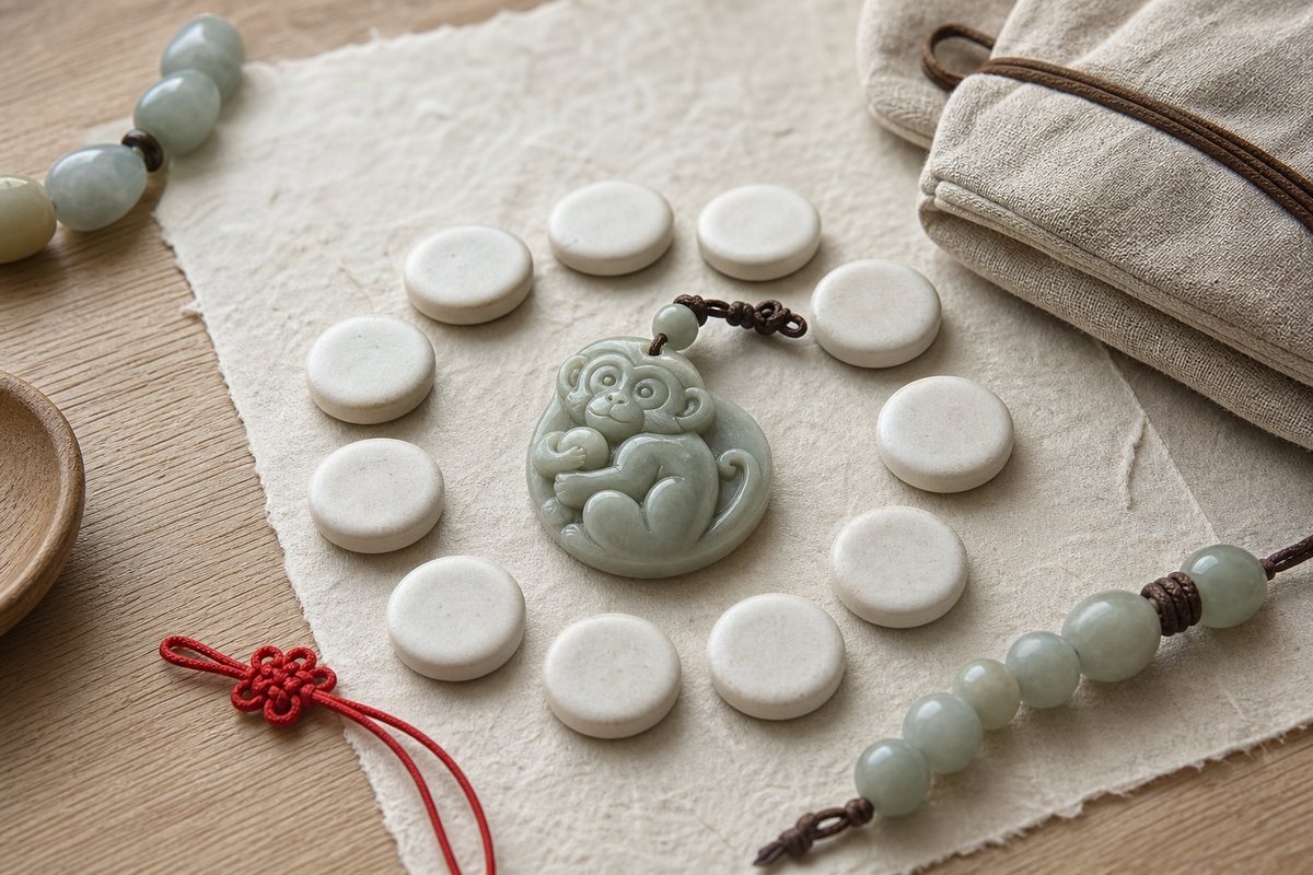 Goat-Sheep zodiac medallion placed within a circle of blank ceramic tokens and jade beads
