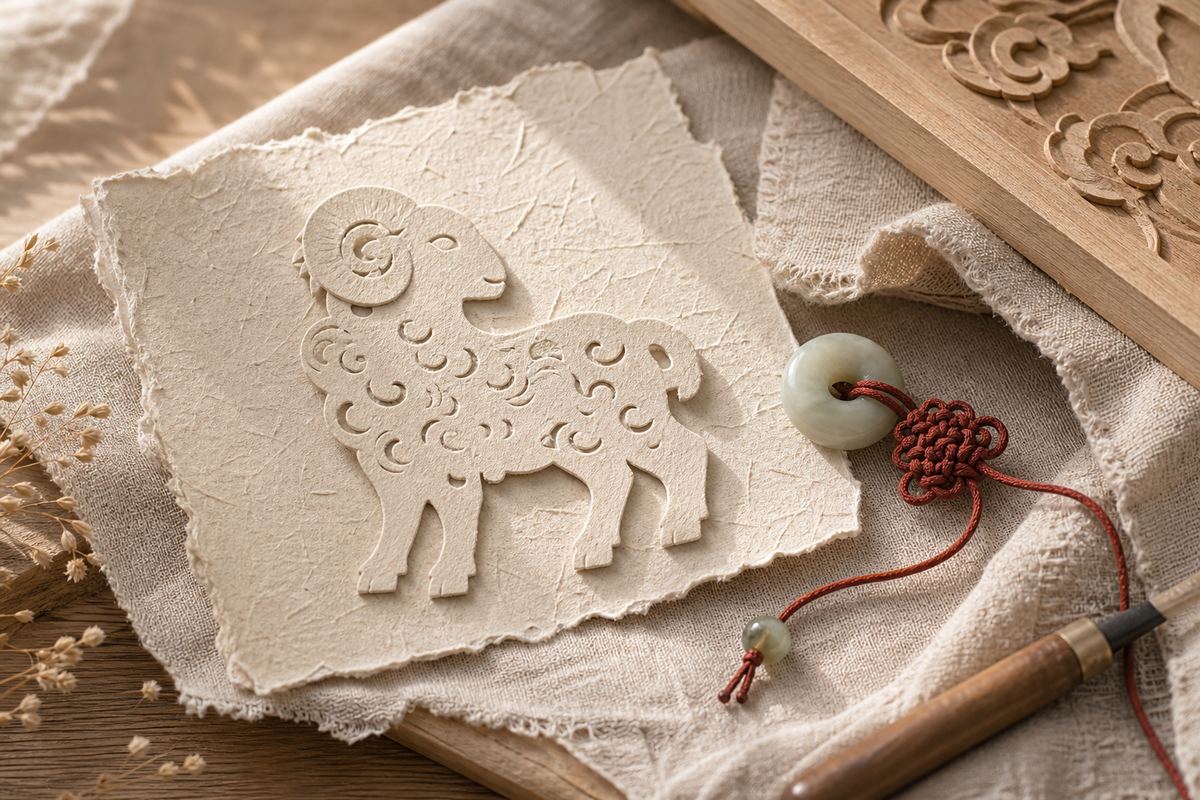 Handmade paper Goat-Sheep motif with carved wood detail, jade bead, and red cord on warm paper