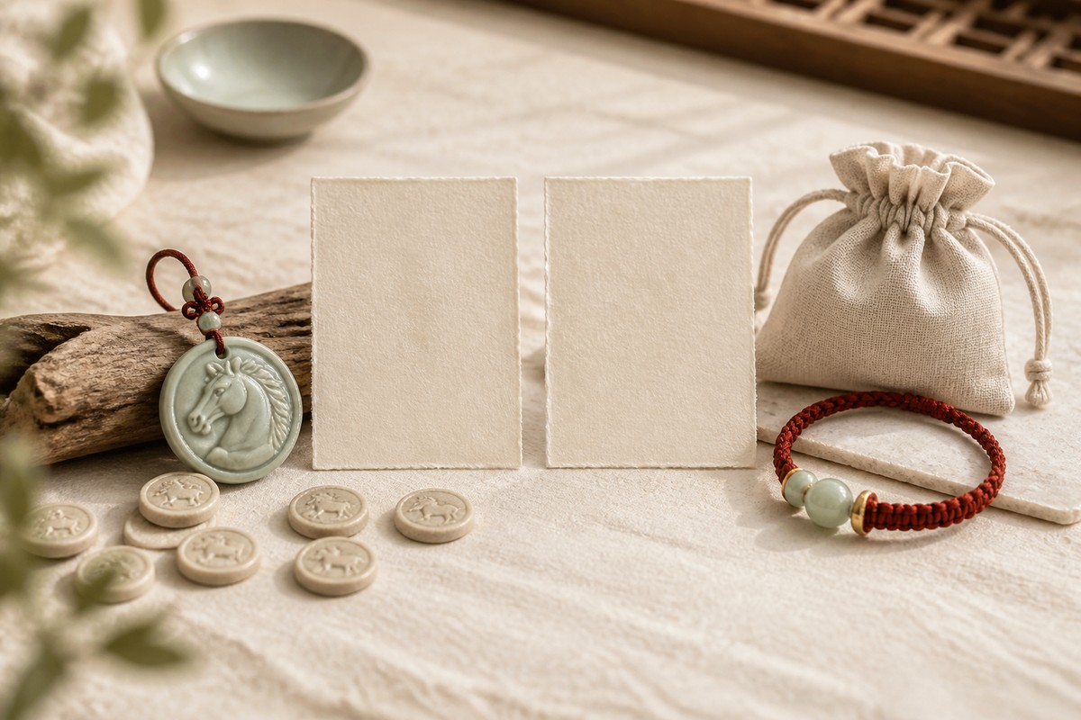 Two blank handmade paper cards separating a Goat-Sheep zodiac charm from a red cord bracelet