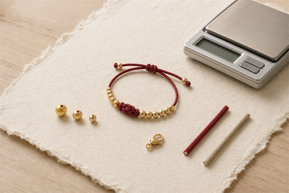 Gold bead bracelet beside loose bead sizes, cord samples, clasp and jewelry scale