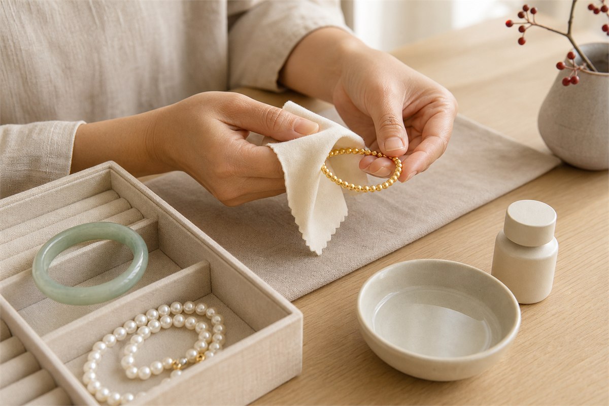 Hands wiping a gold bead bracelet with a soft cloth beside gentle cleaning supplies and divided storage