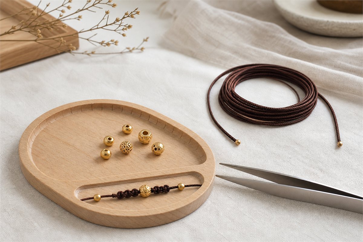 Adult jewelry maker assembling gold beads on braided cord over a soft work tray