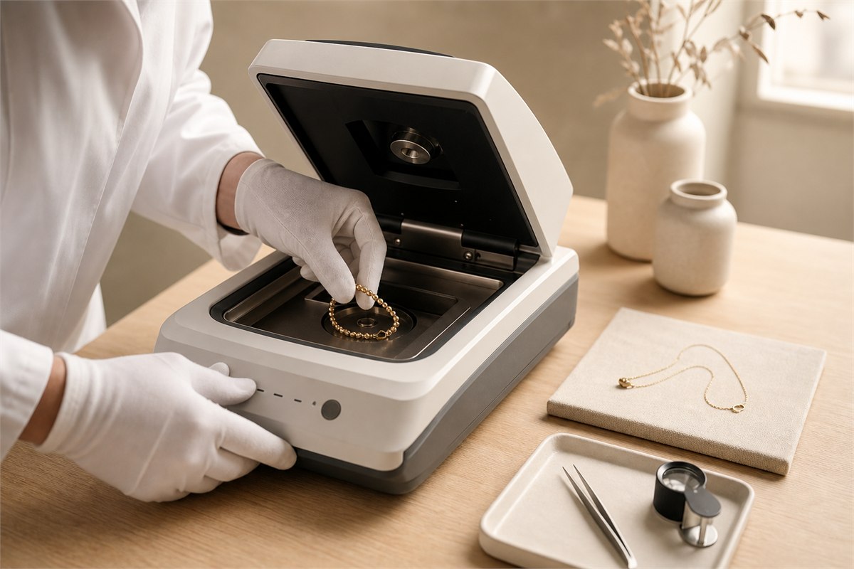 Precious-metal technician testing a gold bead bracelet with a handheld XRF analyzer