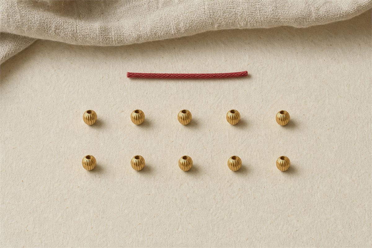 Red cord bracelet studies with clearly countable groups of gold beads