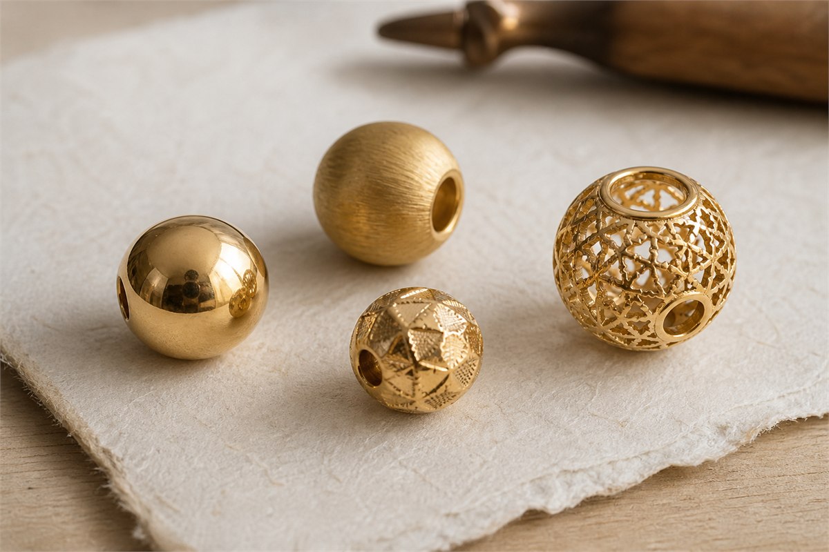 Four gold jewelry beads with polished, brushed, faceted, and openwork finishes