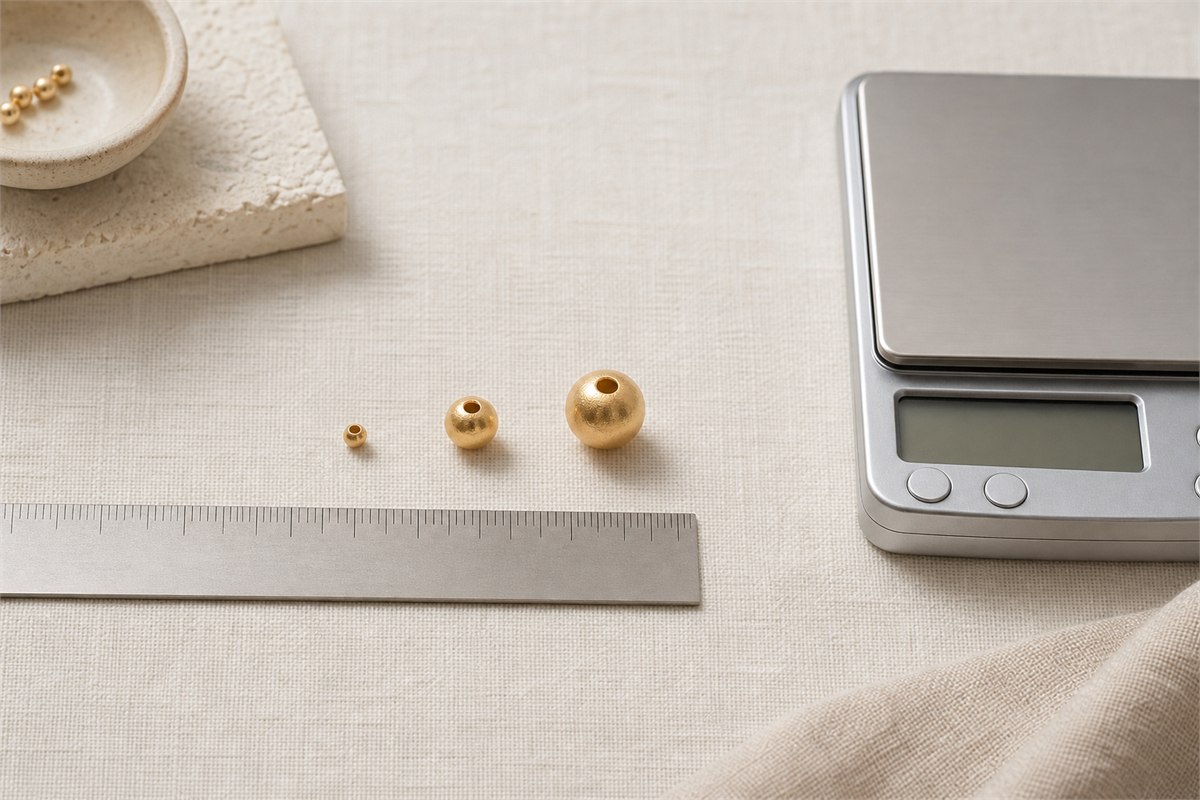 Jeweler measuring different gold bead sizes with a caliper beside a jewelry scale