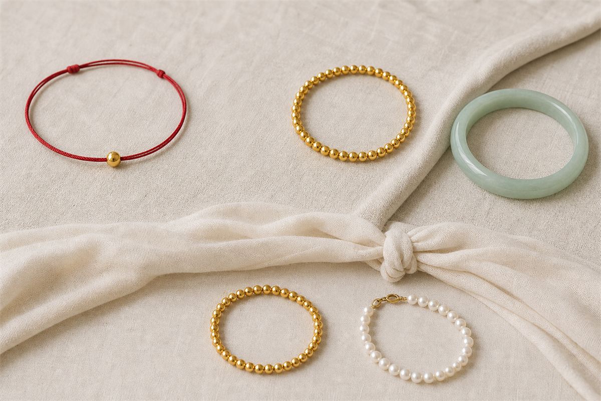 Gold beads paired separately with red cord, pale jade, pearls and black obsidian