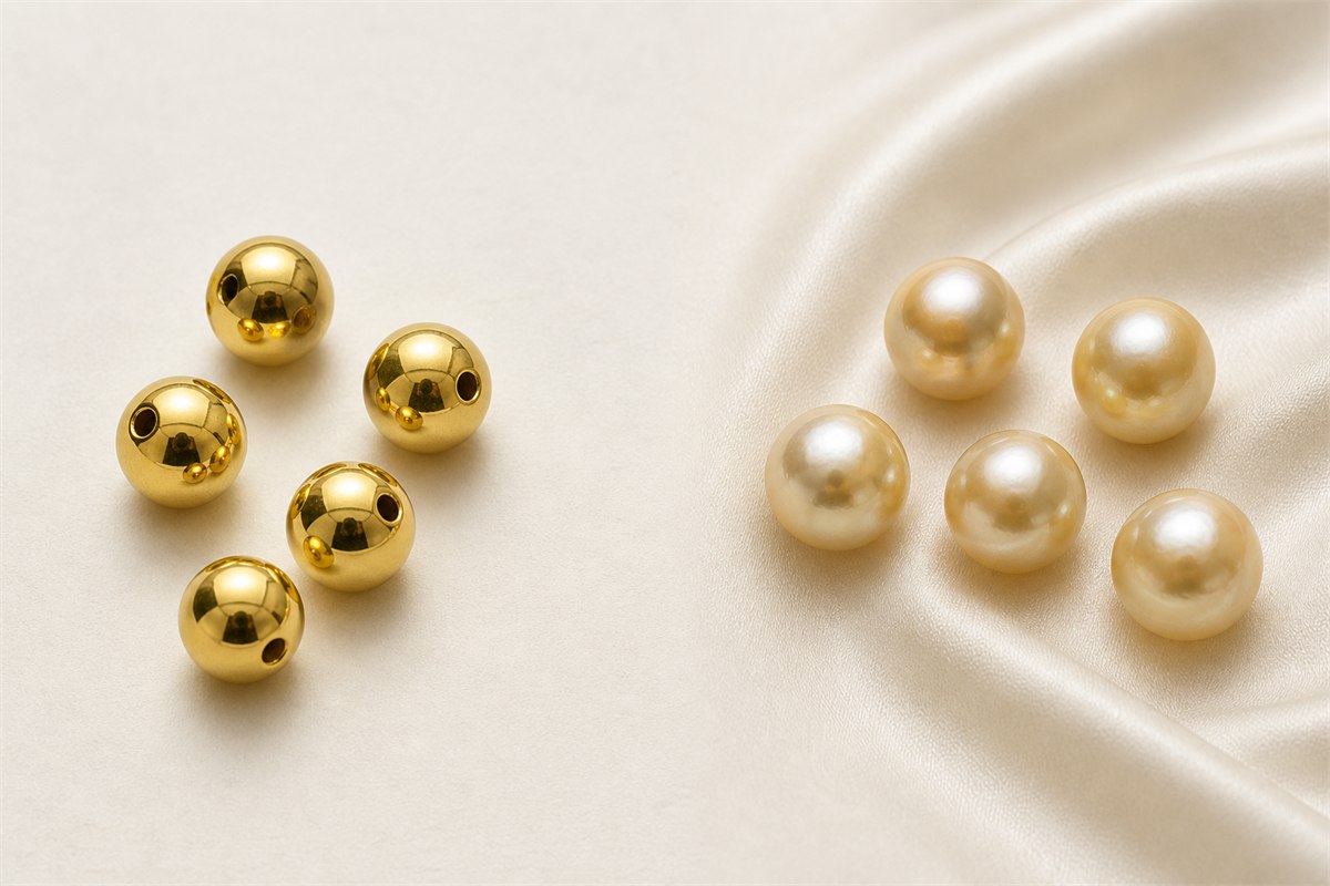 Metal gold beads beside lustrous golden South Sea cultured pearls with clear material separation