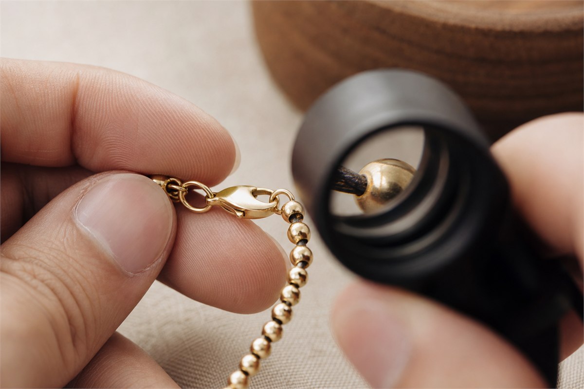 Jeweler examining a gold bracelet clasp and bead holes with a loupe