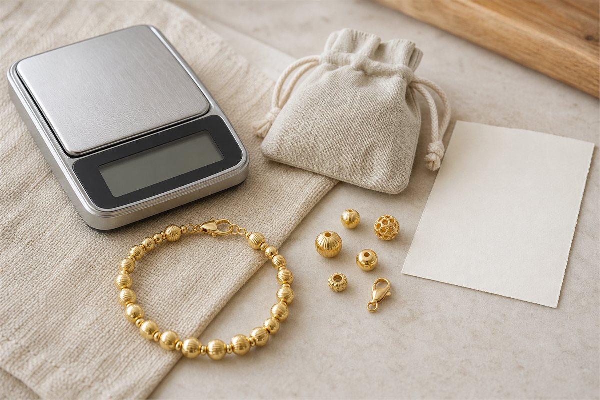 Gold bead bracelet on a jewelry scale beside findings, work ledger and soft pouch