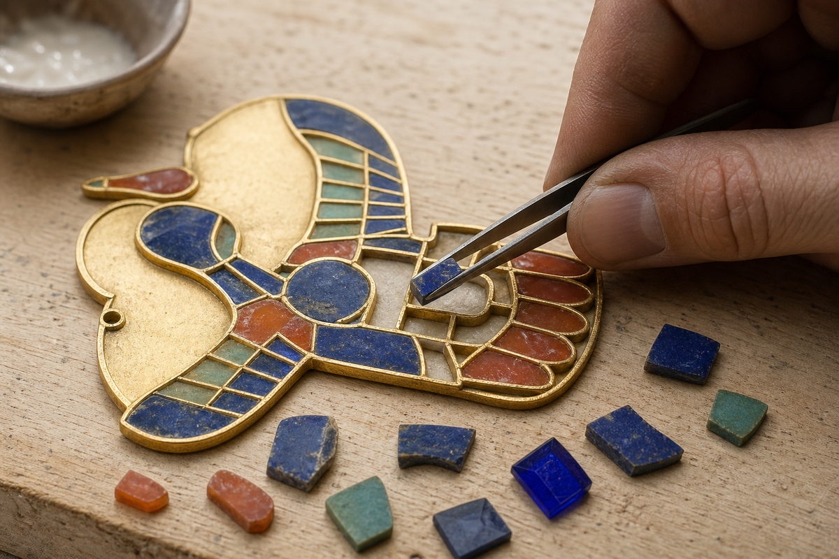 Hand placing cut blue and red stone, faience, and glass pieces into gold cell partitions