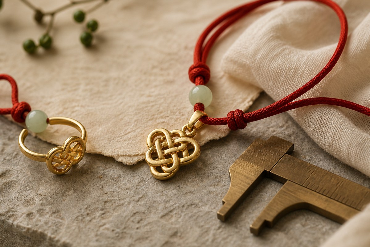 Gold knot pendant, red cord, and pale jade detail on warm stone