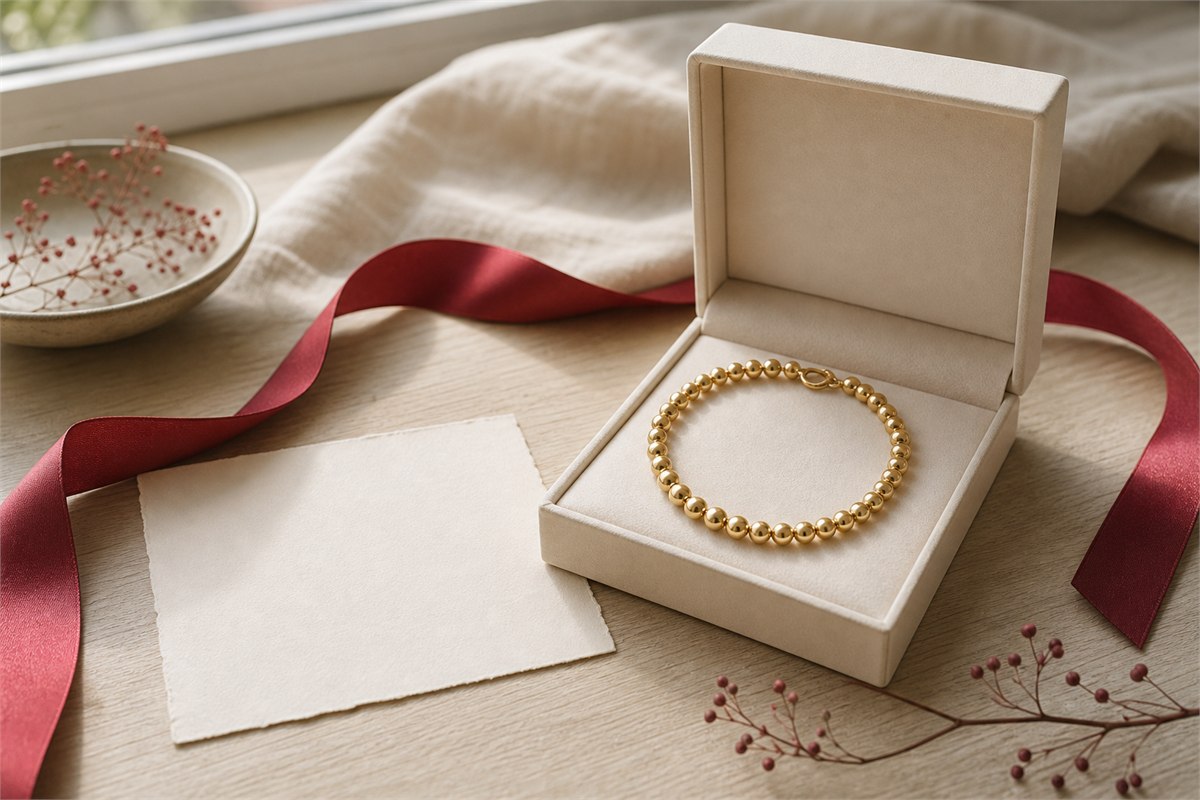 Adult presenting a red cord gold bead bracelet in a warm ivory gift box