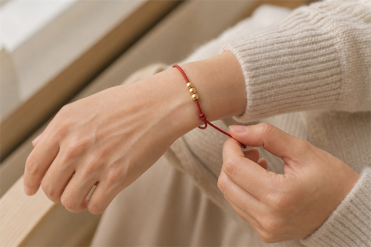 Adult adjusting a red cord gold bead bracelet on the wrist in natural window light