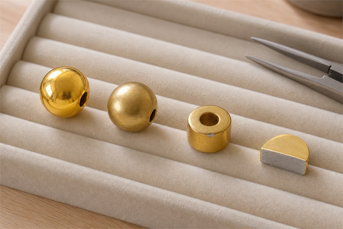 Jeweler material samples showing high-purity gold, 18K alloy, plated metal and gold over silver