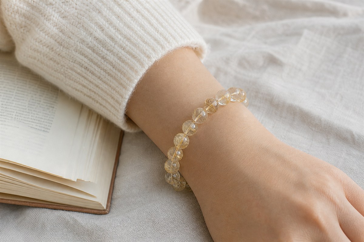 Gold rutilated quartz bracelet worn comfortably on a wrist in soft natural light