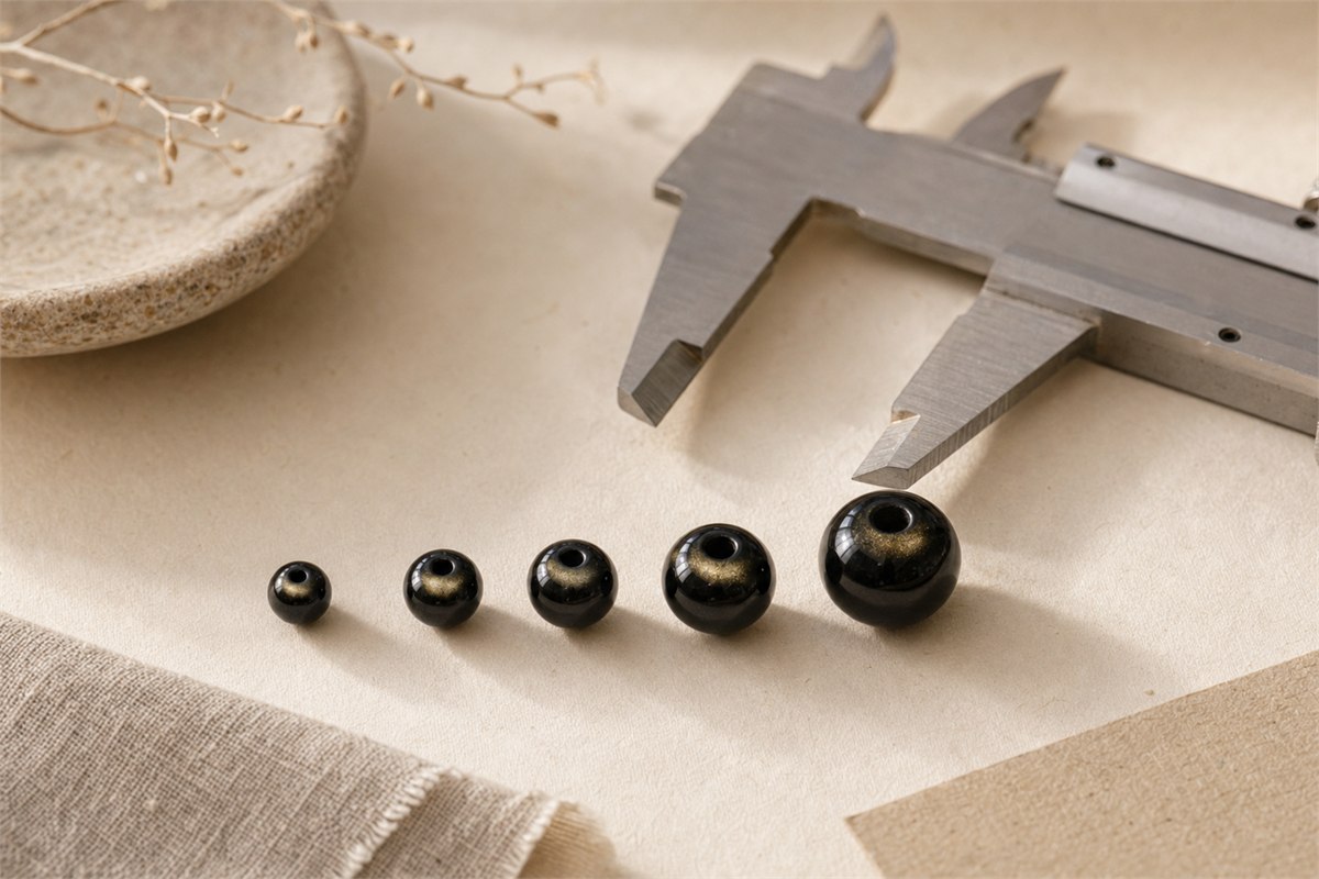Five gold sheen obsidian beads increasing from small to large beside a precision caliper