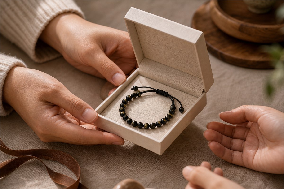 Gold sheen obsidian bracelet presented in an ivory jewelry box between giver and recipient hands