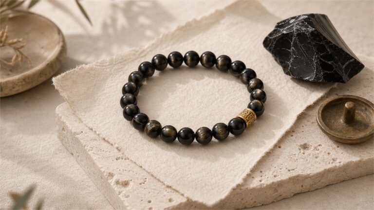Gold sheen obsidian bead bracelet with directional golden reflections beside natural obsidian rough