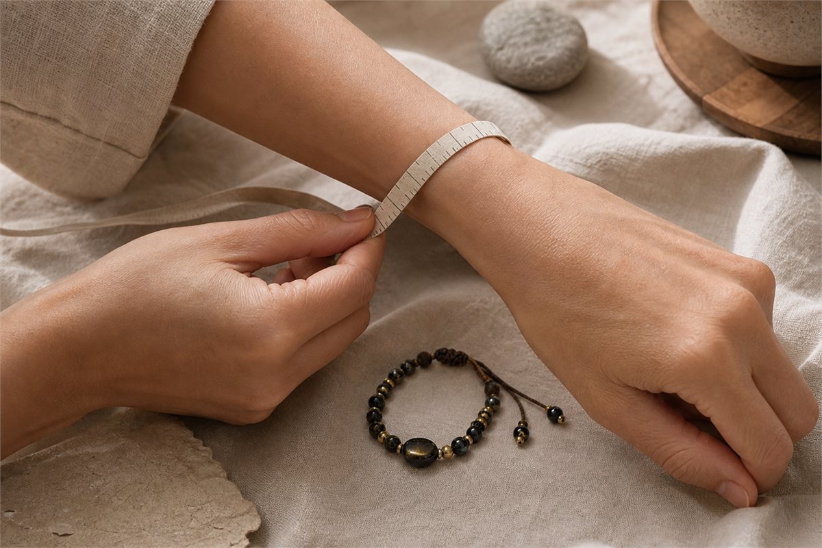 Adult wrist measured with a flexible tape beside a gold sheen obsidian bracelet