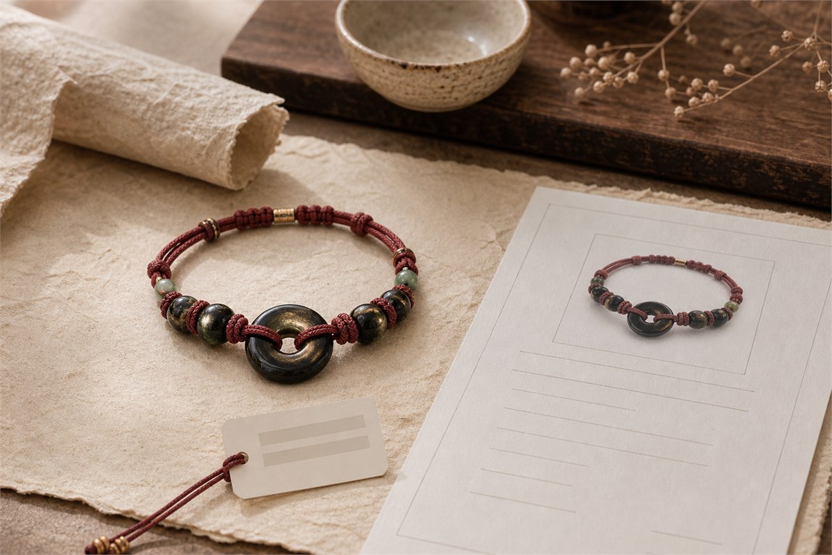 Gold sheen obsidian bracelet beside a matching blank laboratory report card and inventory tag