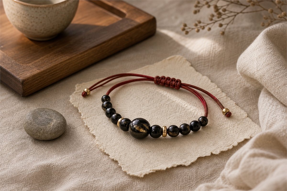 Gold sheen obsidian bracelet with a small gold gourd charm on handmade paper